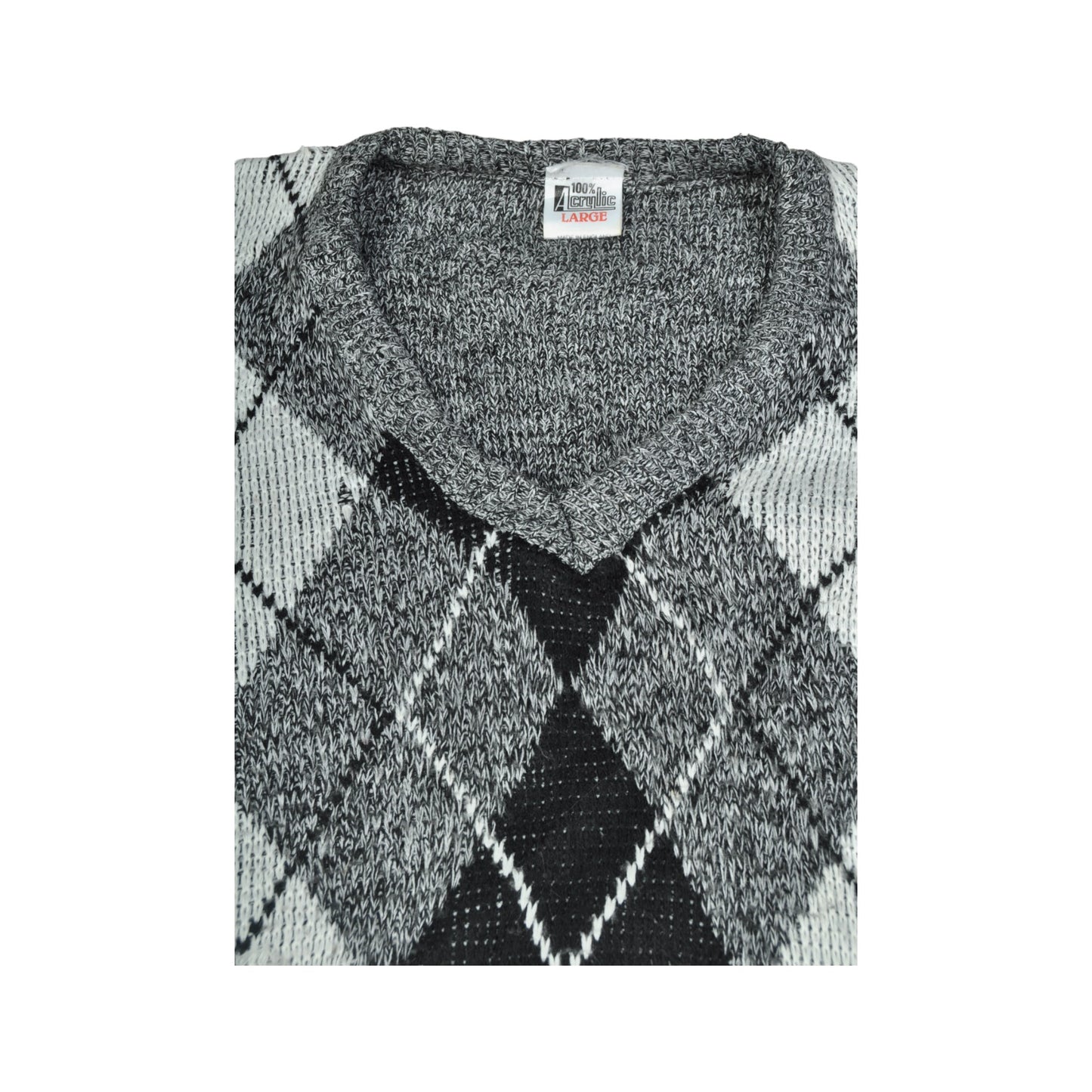 Vintage V-Neck Knitwear Argyle Pattern Sweater Grey Large