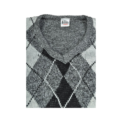 Vintage V-Neck Knitwear Argyle Pattern Sweater Grey Large