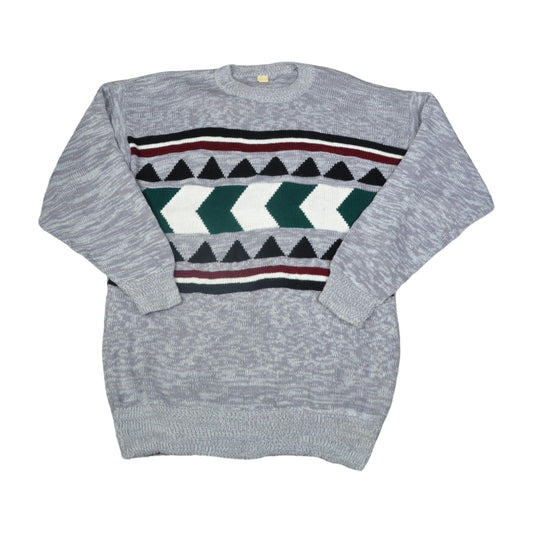 Vintage Crew Neck Knitwear Retro Pattern Sweater Grey XL