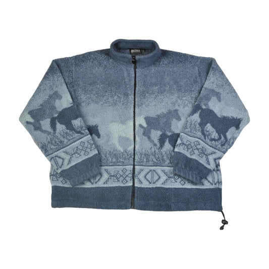 Vintage Jacket Fleece Horse Pattern Blue Small