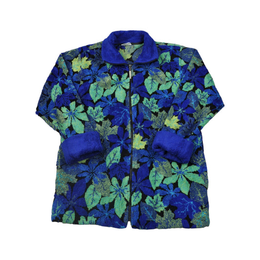 Vintage Fleece Jacket Retro Leaf Print Blue Ladies Large