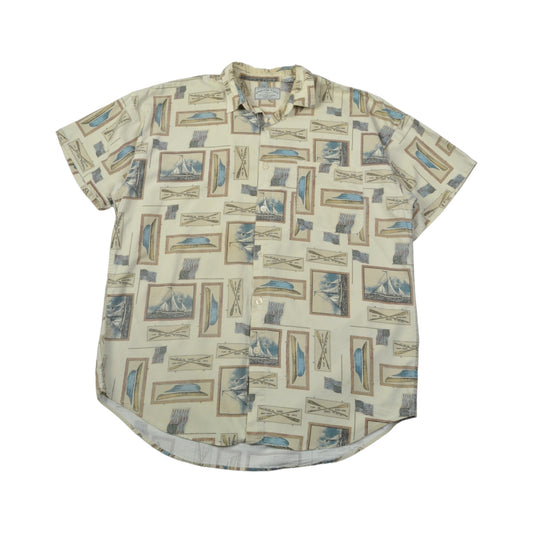 Vintage Shirt Sailing Pattern Short Sleeve Beige Large