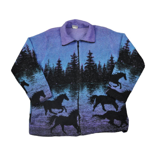 Vintage Fleece Jacket Horse Pattern Purple Medium