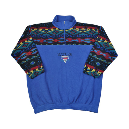 Vintage Fleece 1/4 Zip Retro Pattern Blue XL