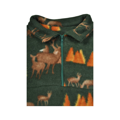 Vintage Fleece 1/4 Zip Retro Stag Pattern Green XXXL