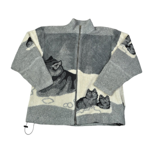 Vintage Fleece Jacket Wolf Pattern Grey Small