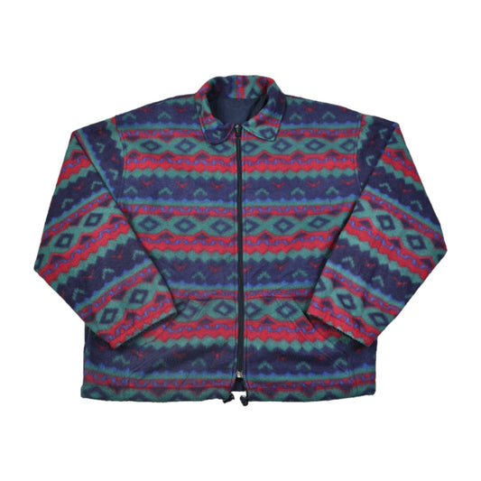 Vintage Fleece Jacket Retro Pattern Blue Large