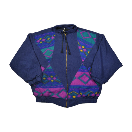 Vintage Fleece Jacket Retro Pattern Blue Large