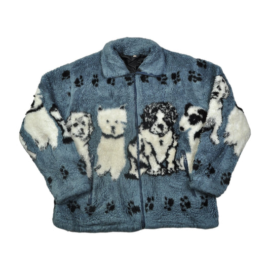 Vintage Fleece Jacket Retro Dog Pattern Blue Ladies Large