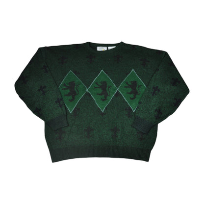 Vintage Knitwear Sweater Lion Pattern Green Large