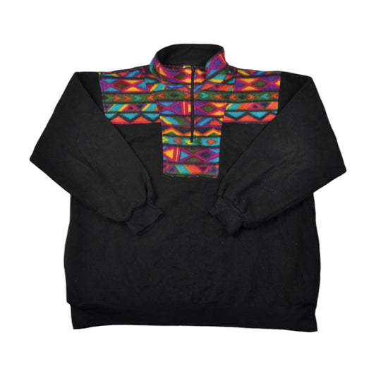 Vintage Fleece 1/4 Zip Retro Pattern Black XL