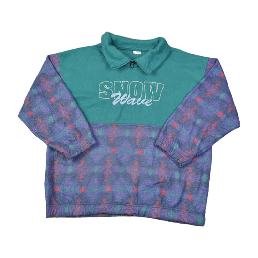 Vintage Fleece 1/4 Zip Snow Wave Retro Pattern Blue XL