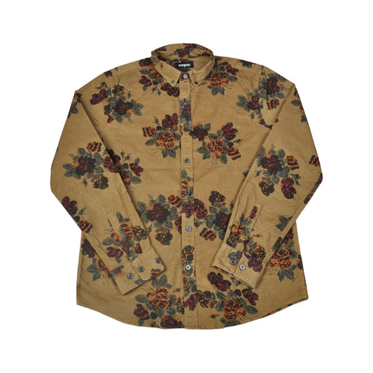 Vintage Corduroy Floral Pattern Shirt Tan Medium