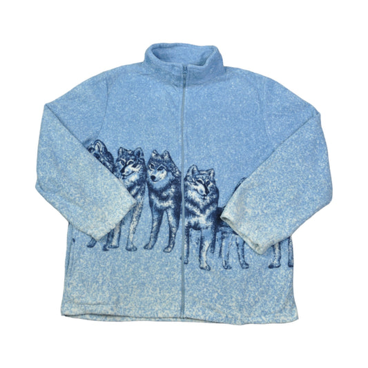 Vintage Fleece Jacket Wolf Pattern Blue Ladies Medium