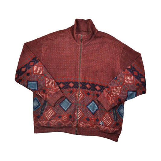 Vintage Fleece Jacket Retro Pattern Red Large