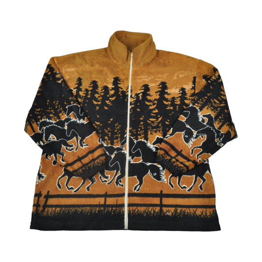 Vintage Fleece Jacket Horse Pattern Brown XL