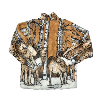 Vintage Fleece Jacket Wolf Pattern Brown Medium