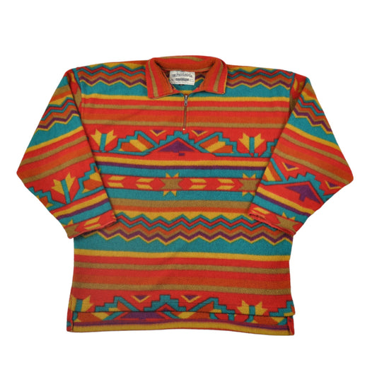 Vintage Fleece 1/4 Zip Retro Aztec Pattern Red/Green Medium