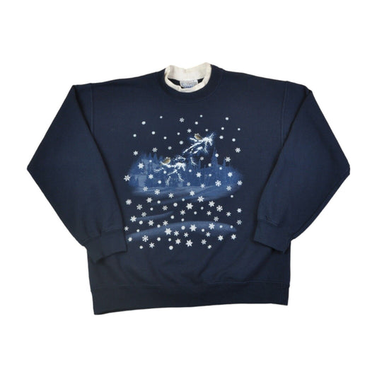 Vintage Christmas Sweatshirt Snowing Bird Print Navy Ladies Large