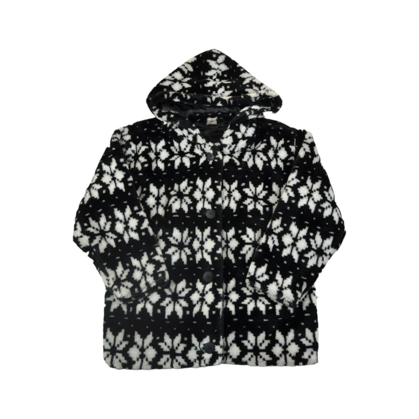 Vintage Fleece Hooded Jacket Retro Snowflake Pattern Black/White Ladies Large